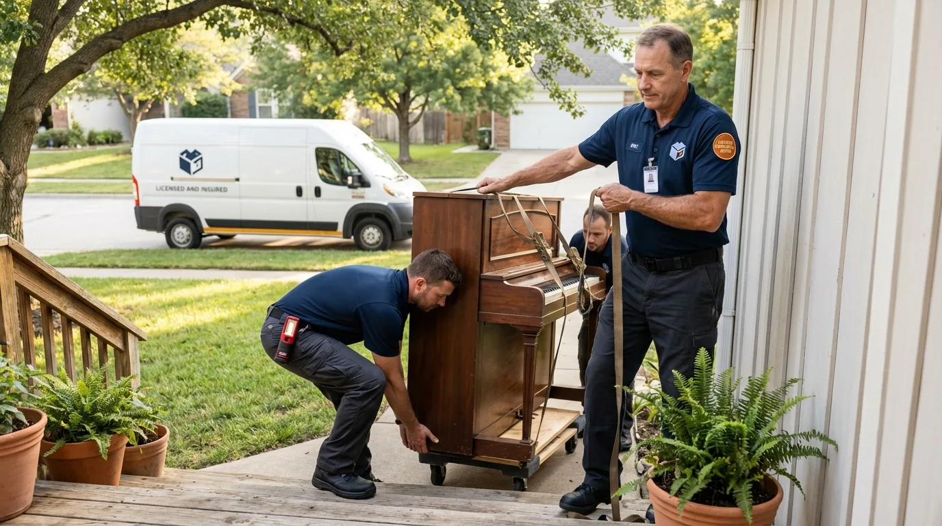 Licensed piano movers securing grand piano in Mount Pleasant, SC