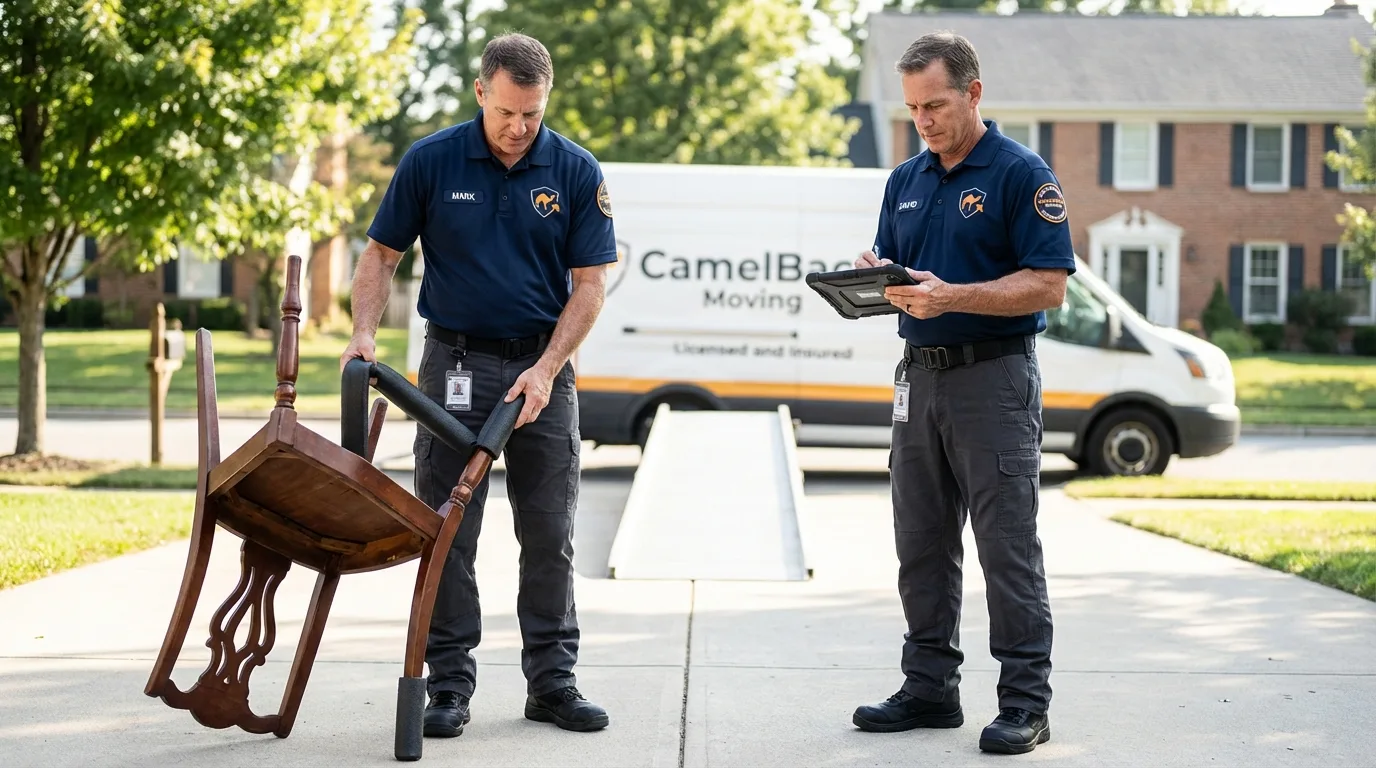 Movers inspecting furniture for damage prevention before loading in Mount Pleasant, SC
