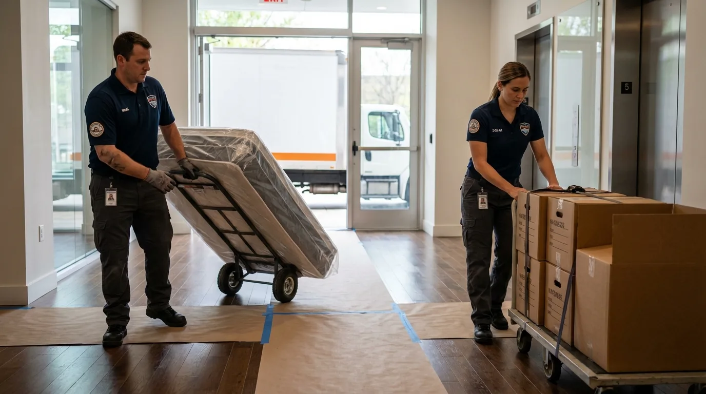 Professional apartment movers loading elevator in Mount Pleasant, SC